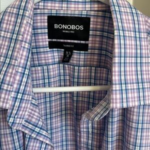 BONOBOS Men's Plaid Shirt Tailored Fit Purple Blue Wrinkle Free